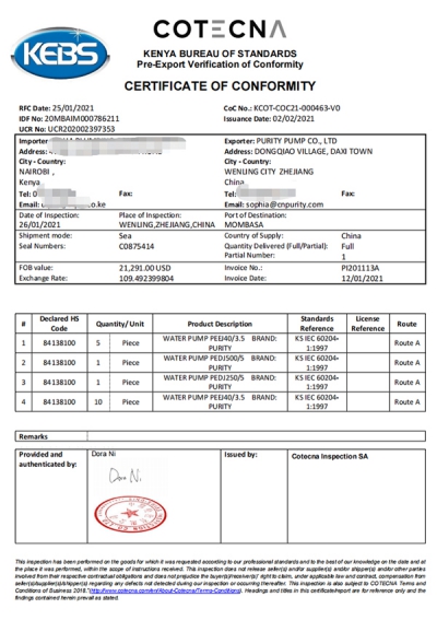 Exportation de certificat PVOC vers les pays africains (Kenya)