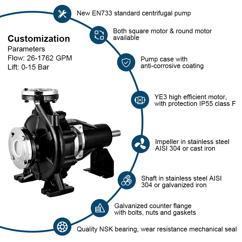 Pompe centrifuge d'aspiration d'extrémité d'arbre nu standard EN733